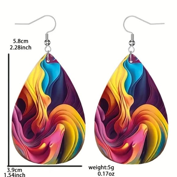 Earrings Rainbow Swirl Tear Drop Dangle Wonderland Trippy Smoke abstract Unique - Picture 4 of 4